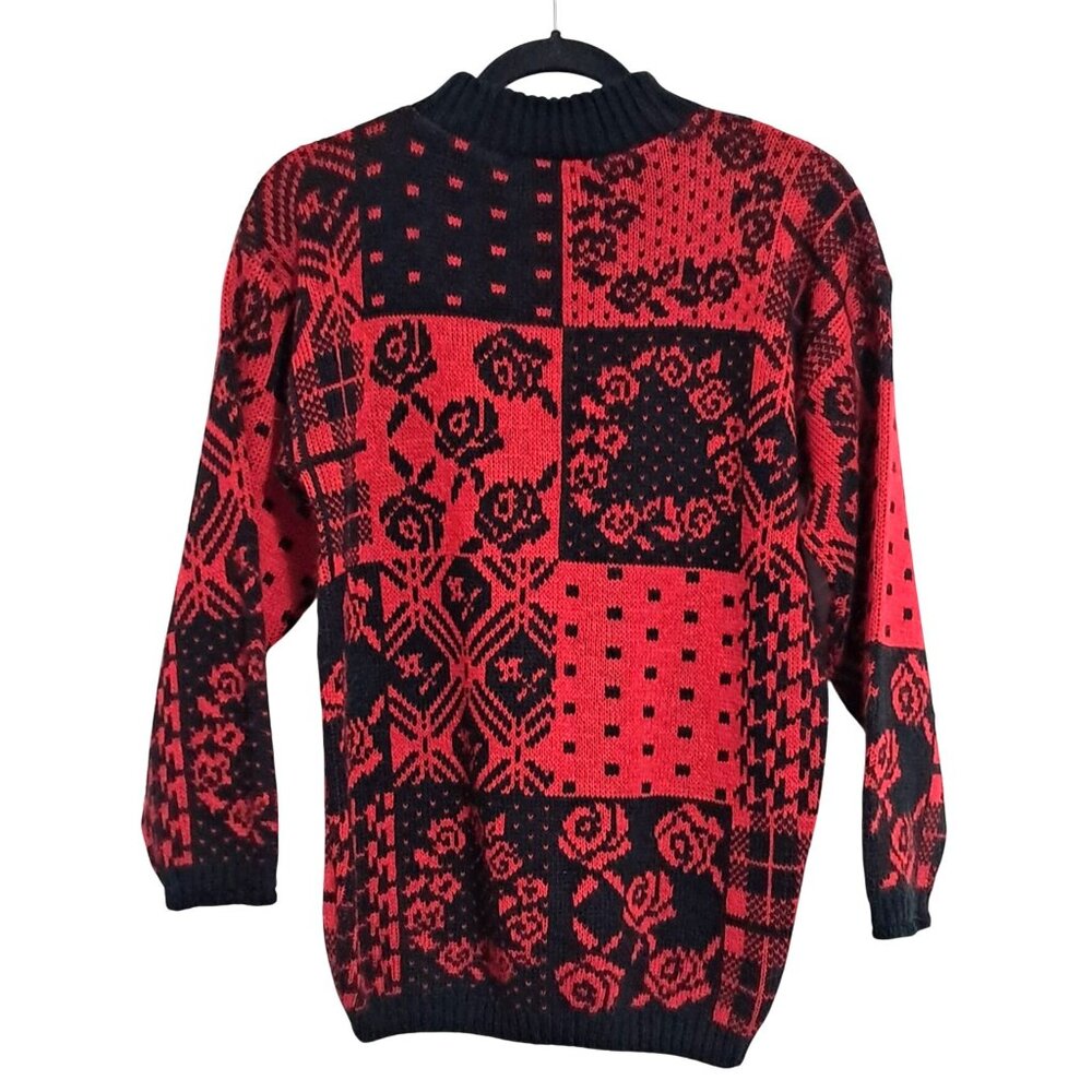 Vintage 80s Floral Sweater Womens S Red & Black Patchwork by Separate Issue - Picture 6 of 9
